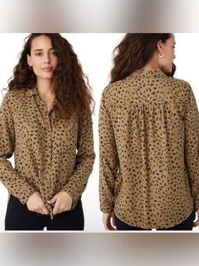 Bella Dahl Vintage Dot Earth Tone Animal Print Button Shirt Size L Women’s Soft
